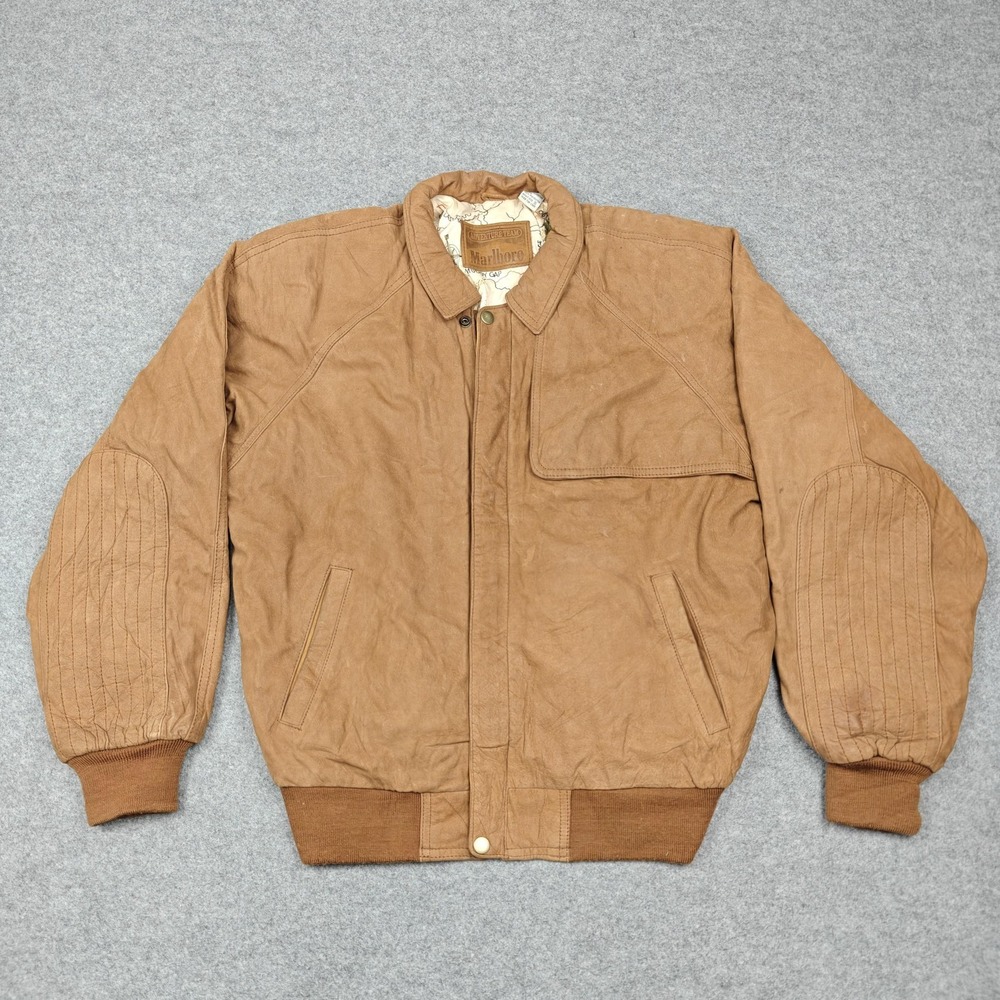 Vintage Marlboro Jacket Mens Small Brown Leather Adventure Team Bomber Lined